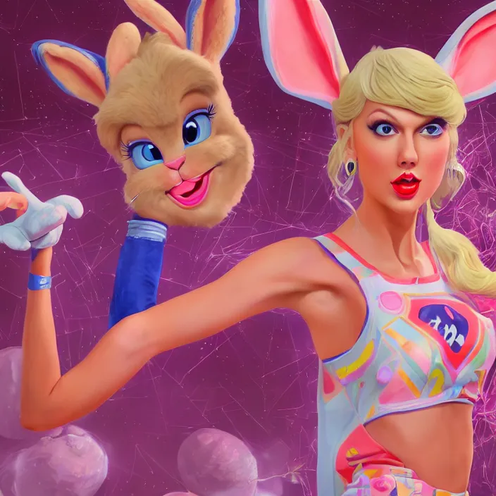 Prompt: portrait of Taylor Swift as Lola Bunny in Space Jam 1996. bunny ears. HD. intricate abstract. intricate artwork. by Tooth Wu, wlop, beeple, dan mumford. octane render, trending on artstation, greg rutkowski very coherent symmetrical artwork. cinematic, hyper realism, high detail, octane render, 8k, iridescent accents