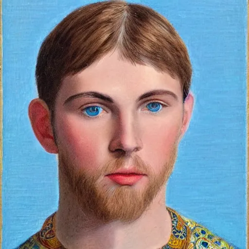 Image similar to a very detailed portrait of a young adult man in completely baby blue tunic, wearing a gold medallion!!! around his neck. he has an oval shaped head and roundish nose, blue eyes, kind face and no facial hair. he has dark brown hair and wears it in a tight long ponytail.