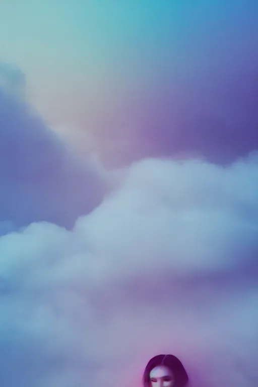 Image similar to high quality pastel coloured film photograph of a model wearing black clothing resting on cloud furniture clouds in a haze filled dreamstate world. three point light, rainbow. photographic production. art directed. pastel colours. volumetric clouds. pastel gradient overlay. waves glitch artefacts. 8 k. filmic.