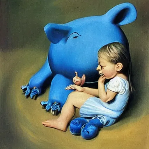 Image similar to A 2 year old girl playing with blue piglet, blond hair. Painting by Salvador Dali