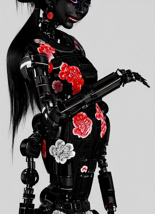 Image similar to full body portrait of a gothic style japanese robot geisha with kanji tattoos and decals wearing a digital pixelated kimono, intricate design, photo - realistic, octane render, dark colour palette, ultra fine detailed, character design, trending on artstation