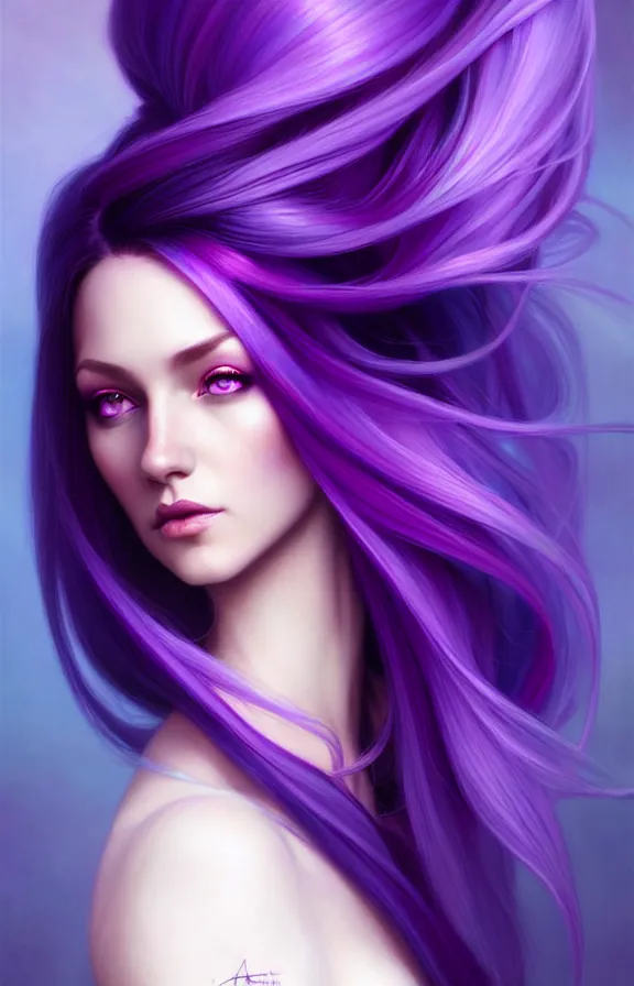 Image similar to Purple hair relistic Portrait of a woman with bright colored flying hair, all shades of purple. Hair coloring, long hair, blue eyes, fantasy, intricate, elegant, highly detailed, digital painting, artstation, concept art, smooth, sharp focus, illustration, art by artgerm and greg rutkowski and alphonse mucha