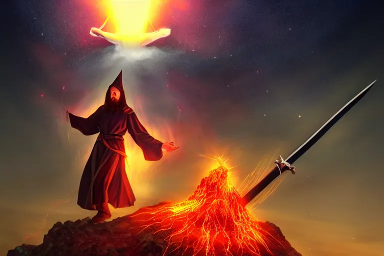 Image similar to levitating wizard wielding a sword, opening a shining portal, night sky, horizon of an erupting volcano, trending on artstation
