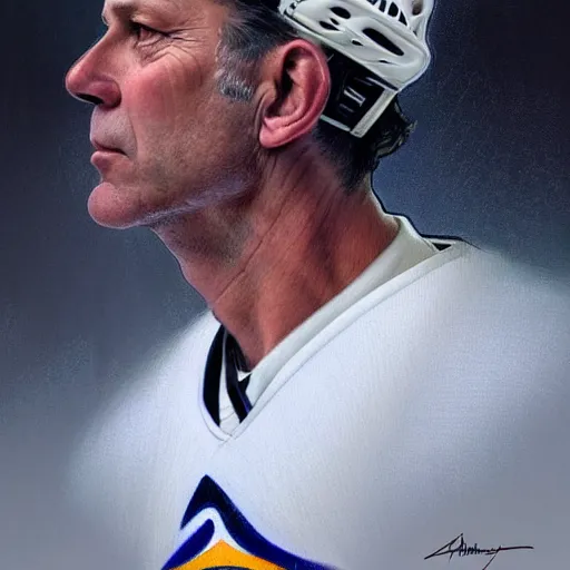 Image similar to beautiful portrait of hockey coach Clint Malarchuk, fantasy, intricate, elegant, highly detailed, digital painting, artstation, concept art, smooth, sharp focus, luxury fashion illustration, art by artgerm and greg rutkowski and alphonse mucha, brightly lit cinematic soft lighting, photorealistic