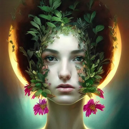 Prompt: surreal beautiful young woman, sitting with flowers, detailed gorgeous face turning into a tree, leaves, dark, ominous, sad eyes, vaporwave aesthetic, synthwave , digital painting, artstation, concept art, smooth, sharp focus, illustration, art by artgerm and greg rutkowski and alphonse mucha