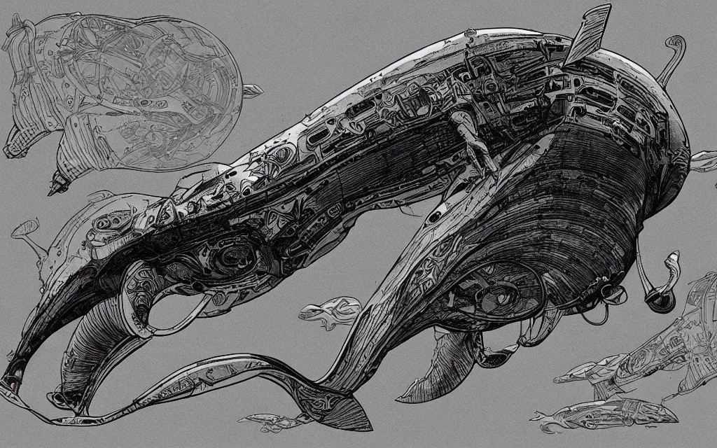 Image similar to biomechanical flying whale, in the style of james jean and laurie greasley, dynamic composition, dramatic lighting, hyper - realistic, ultra detailed