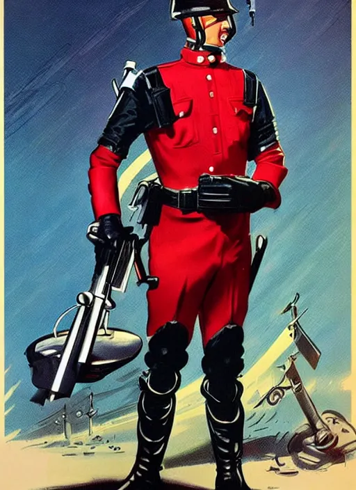 Image similar to a retrofuturistic security officer wearing black helmet and red uniform, vintage, retrofuturism, art by marc davis, marc davis artwork, poster