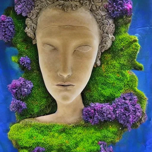 Prompt: a beautiful fantasy painting of a sculpture made of moss and flowers