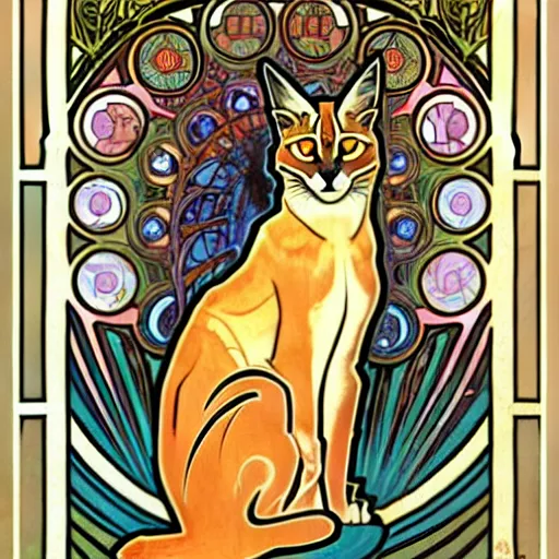 Prompt: A caracal cat by Alphonse Mucha and Julie Dillon