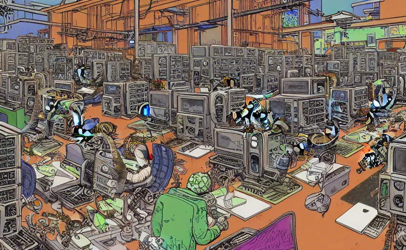 Image similar to hyper-detailed, intricate, illustration of a computer lab being overrun by tentacles, cyberpunk, high saturation, in the style of Geof Darrow