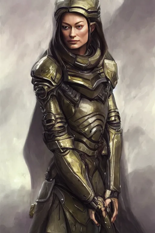 Image similar to a professional painting of a young Olivia Wilde, clothes in military armor, olive skin, long dark hair, beautiful bone structure, symmetrical facial features, intricate, elegant, digital painting, concept art, smooth, sharp focus, illustration, from StarCraft by Ruan Jia and Mandy Jurgens and Artgerm and William-Adolphe Bouguerea