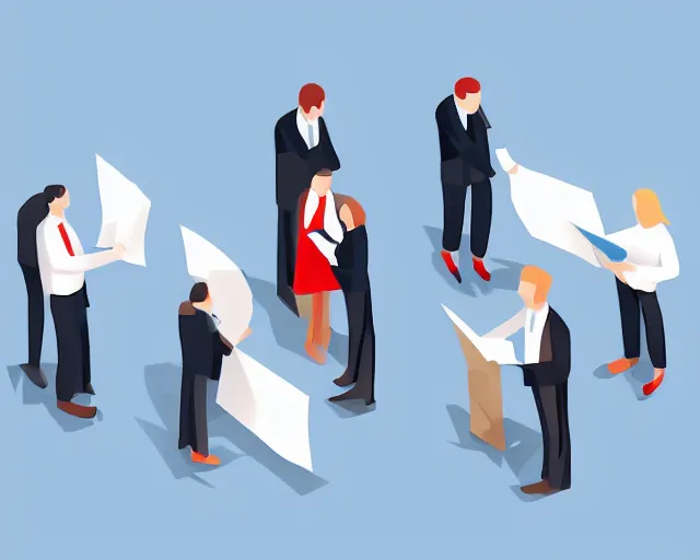 Prompt: A small group of miniature professional people holding white papers, isometric, highly detailed, sharp lines, angular, clean background, 16-color