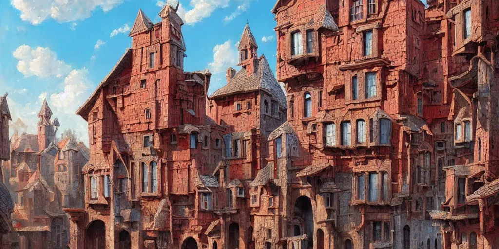 Prompt: hyper realistic oil painting of a medieval city, houses made out of red stone, houses made out of white stone, hyper detailed, high contrast, bright, summer, blue skies, by Greg Rutkowski, trending on artstation