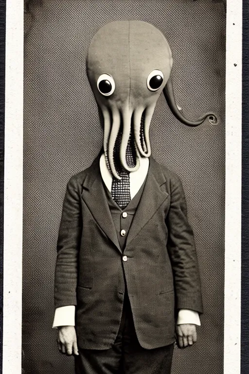 Prompt: anthropomorphic octopus , wearing a suit, tentacles spilling out of the collar, long neck, vintage photograph, sepia