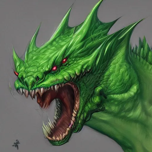 Prompt: a large green dragon with its mouth open, concept art by Alex Horley-Orlandelli, polycount, antipodeans, grotesque, d&d, concept art