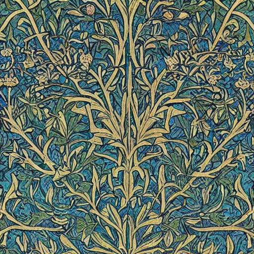 Image similar to william morris wallpaper of tree of life motif.