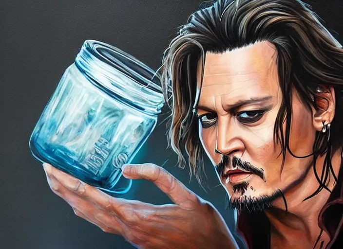 Prompt: an epic comic book style painting of johnny depp with a big clear jar of white powder, powder on his nose, trending on artstation, dynamic lighting