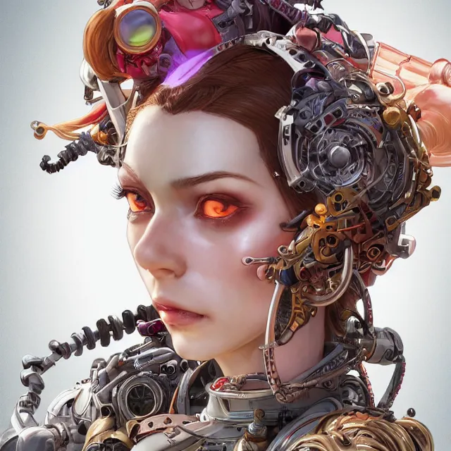 Image similar to the portrait of true neutral semi - colorful female cyborg mechanist as absurdly beautiful, gorgeous, elegant, young woman looking up, an ultrafine hyperdetailed illustration by kim jung gi, irakli nadar, intricate linework, bright colors, octopath traveler, final fantasy, unreal engine 5 highly rendered, global illumination, radiant light, detailed and intricate environment