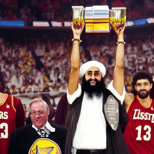 Image similar to photo of osama bin laden lifting larry o'brien trophy