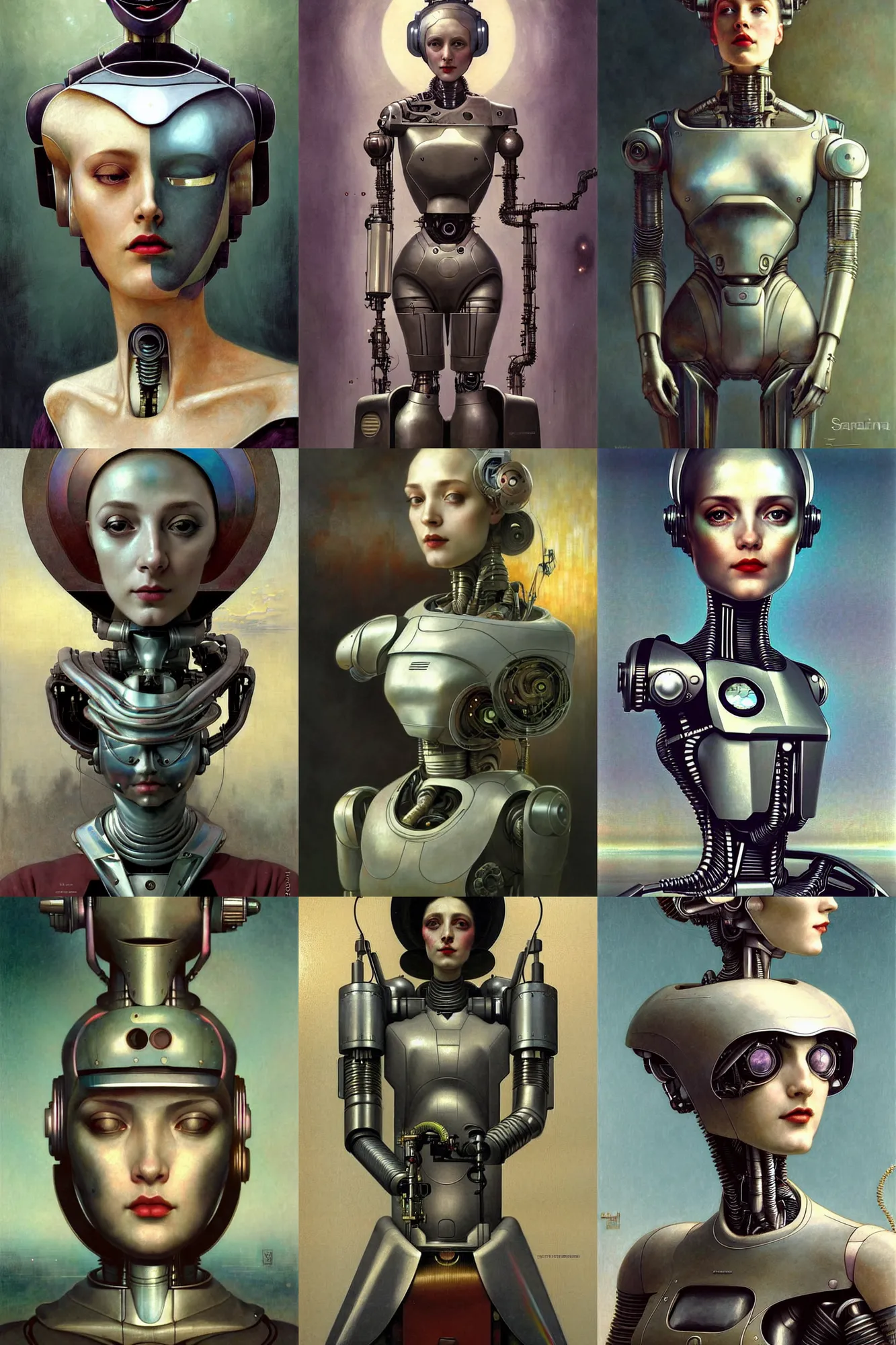 Prompt: fullbodied and portrait futurist cyborg empress, perfect future, award winning art by santiago caruso, iridescent color palette, beautiful face, by wlop and karol bak and bouguereau and viktoria gavrilenko, 1 9 5 0 s retro future robot android maid. muted colors