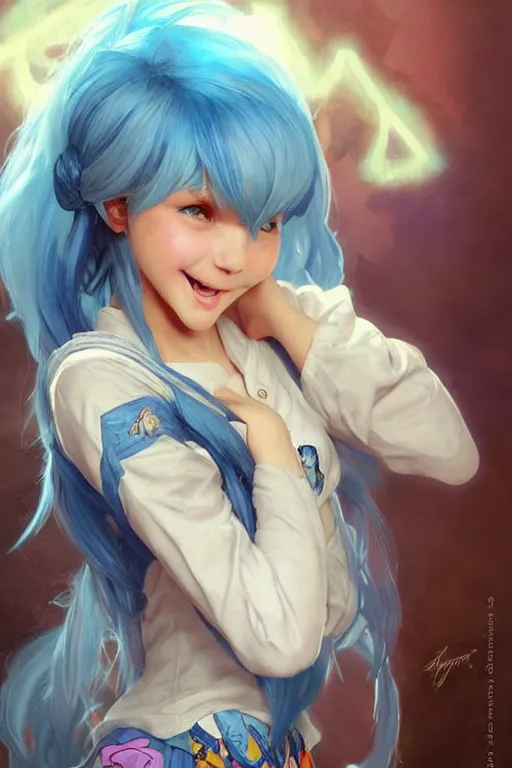 Image similar to a little gamergirl with a laughing face and short!! light colorful blue hair. she is dressed as gamergirl in her room, painting, beautiful detailed face. by artgerm and greg rutkowski and alphonse mucha