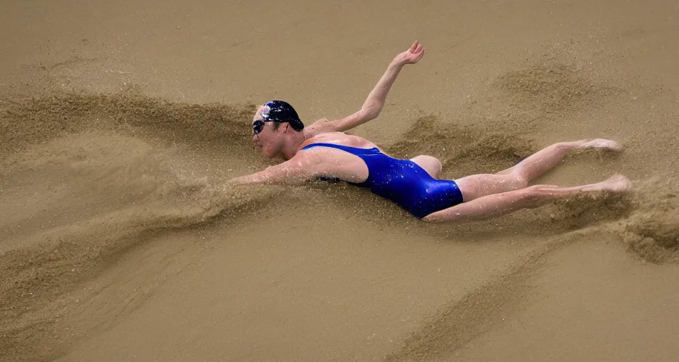 Image similar to olympic swimming in sand instead of water, extremely coherent, motion blur