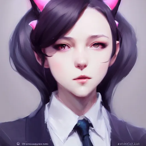 Image similar to character design portrait of a beatiful anthropomorphic furry dragon girl with dragon ears, wearing a suits, looking at the camera, 4 k, concept art, by wlop, wenjun lin, watercolor, ilya kuvshinov, artgerm, krenz cushart, pixiv.