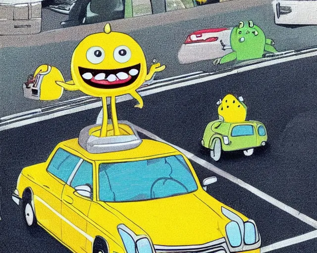 Prompt: a cute lemon monster driving a silver cadillac deville, stuck in traffic