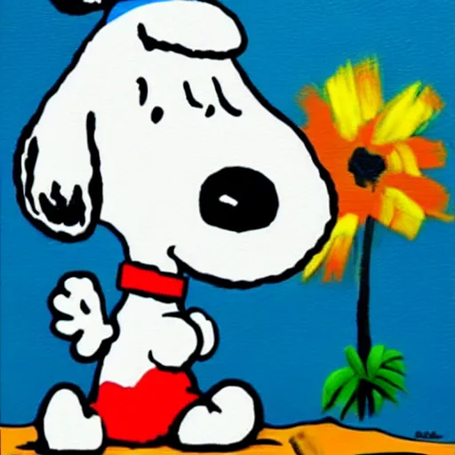 Prompt: snoopy in cancun, paint, art, carton