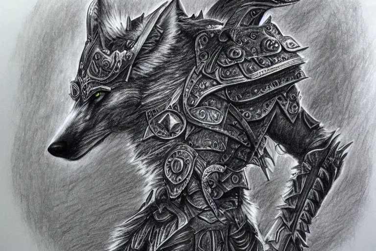 Image similar to a pencil drawing of a wolf, full body, D&D, armor, made by by Pen Tacula