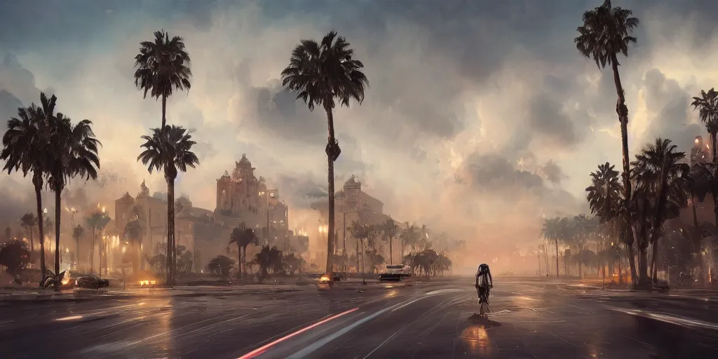 Prompt: thunderstorm in marrakech, palm trees, flying vehicles, moroccan mosque, wlop, james jean, tom bagshaw, rococo, trending on artstation, fantasy, intricate, elegant, highly detailed, digital painting, concept art, smooth, illustration, cinematic lighting, hyper realism, octane render, 8 k, hyper detailed.