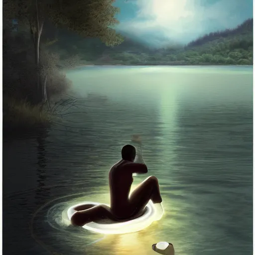 Prompt: a retro realistic illustration of a ghost!!! shining in a lake while a black kid! stares at it with a florest! in the background, a scenic view, realistic, volumetric light, detailed oilpainting, trending on artstation.