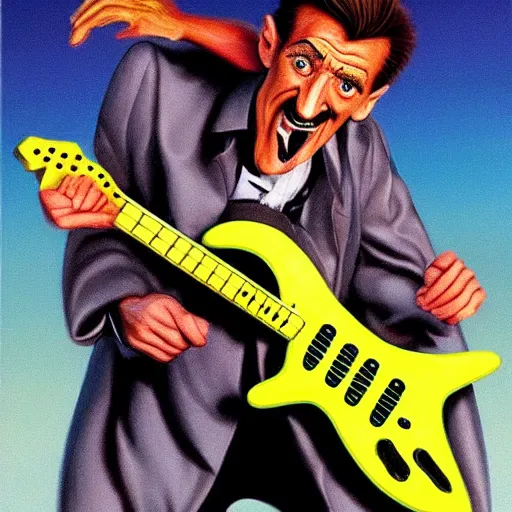 Prompt: Barry Chuckle Shredding on an electric guitar in the style of Jason Edmiston