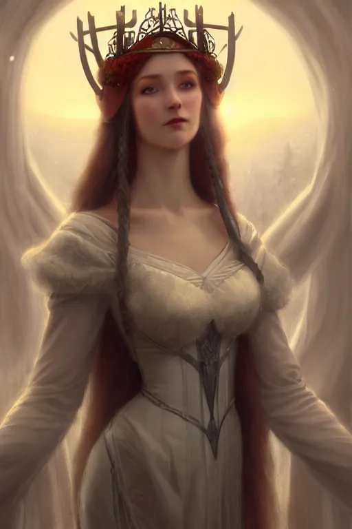 Image similar to nostalgia for a fairytale, nordic, ice, medieval maiden, long hair, tall and thin, illustration, dramatic lighting, soft details, painting, art nouveau, octane render, 8 k, hd, by edmund blair leighton, brom, charlie bowater, faces by otto schmidt