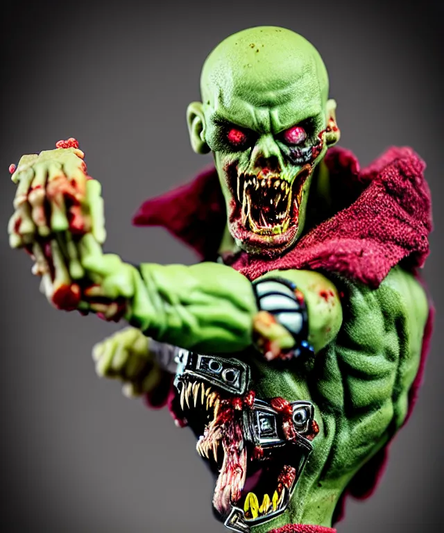 Image similar to hyperrealistic rendering, punk rock zombie is motu action figure, product photography