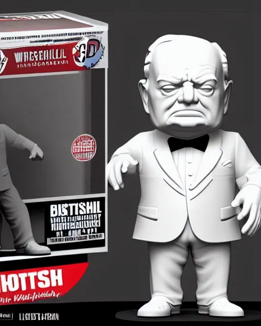 Image similar to full body 3d render of winston churchill as a funko pop, studio lighting, white background, blender, trending on artstation, 8k, highly detailed