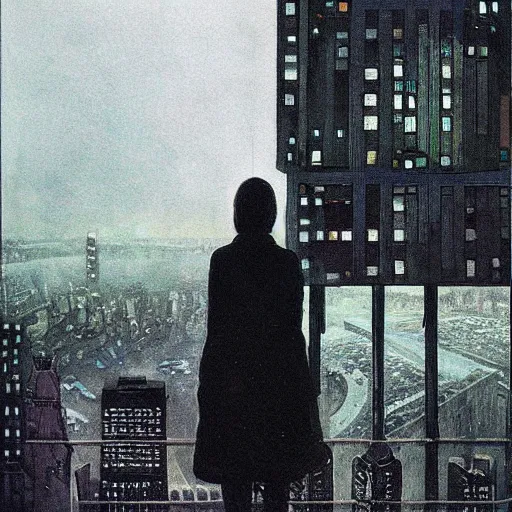 Prompt: “ girl standing on a roof looking down at a foggy futuristic new york city below, ghostpunk, blade runner, cyberpunk, brutalist, very detailed, by george bellows ”