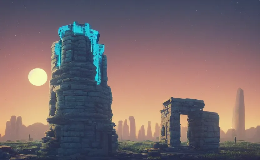 Image similar to A landscape with a giant stone brick tower with pillars on top at sunset, magical portal, cyberpunk, Low level, rendered by Beeple, Makoto Shinkai, syd meade, simon stålenhag, environment concept, synthwave style, digital art, unreal engine, WLOP, trending on artstation, 4K UHD image, octane render,