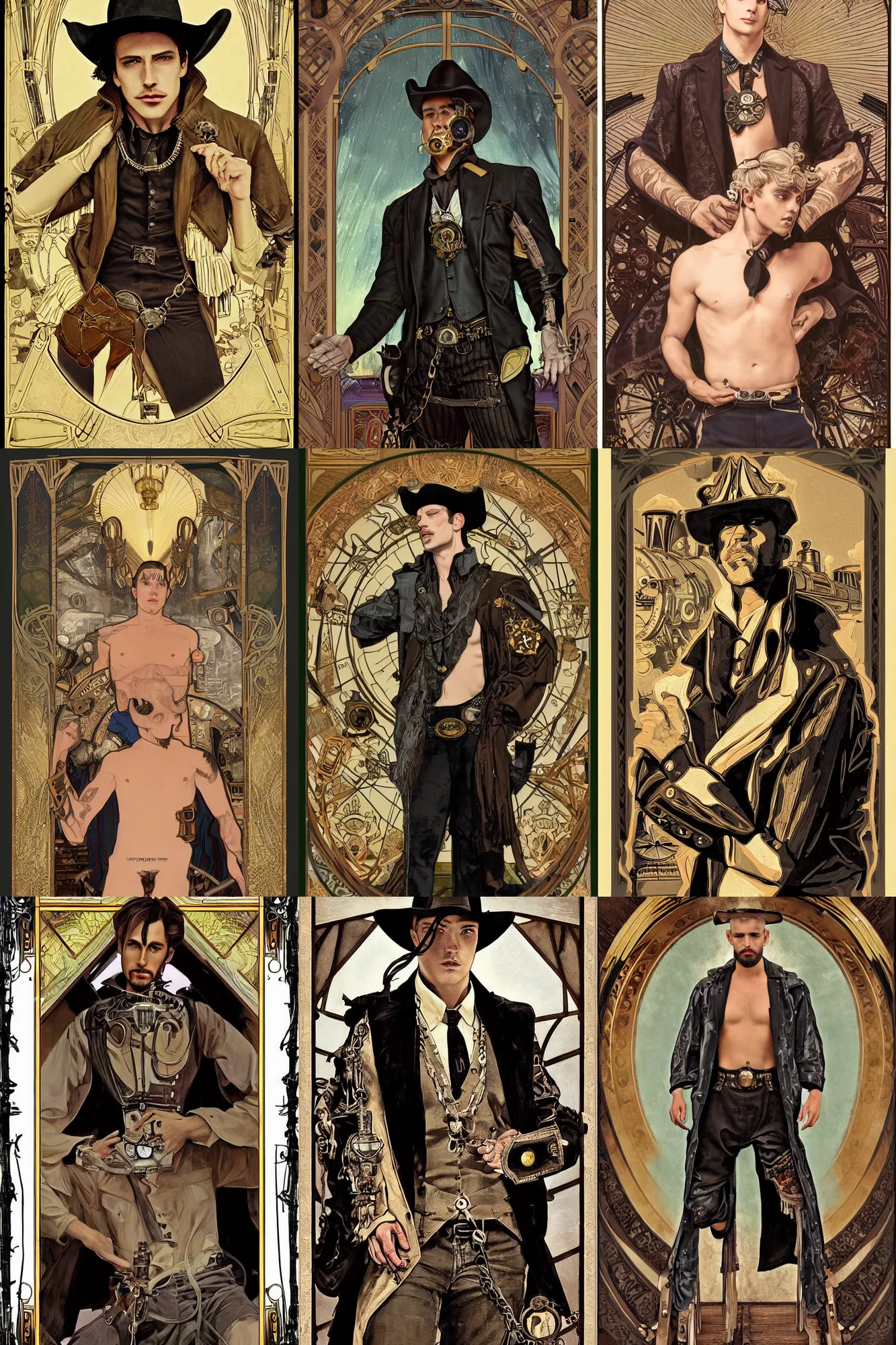 Prompt: a dramatic ethereal epic symmetrical painting of a handsome villainous cowboy | he wears a jacket with no shirt and he has a pocketwatch | background is a locomotive railroad railway steamtrain | tarot card, art deco, art nouveau, (steampunk), homoerotic | by Mark Maggiori ((((and Alphonse Mucha))) | trending on artstation