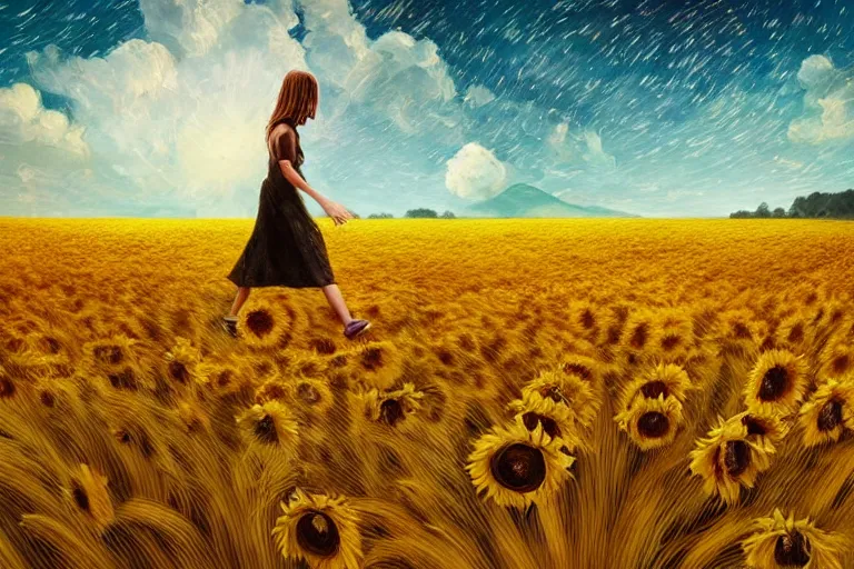 Image similar to huge sunflower head, girl walking in wheat field, hills, surreal photography, dark night, star trails, dramatic light, impressionist painting, clouds, digital painting, artstation, simon stalenhag