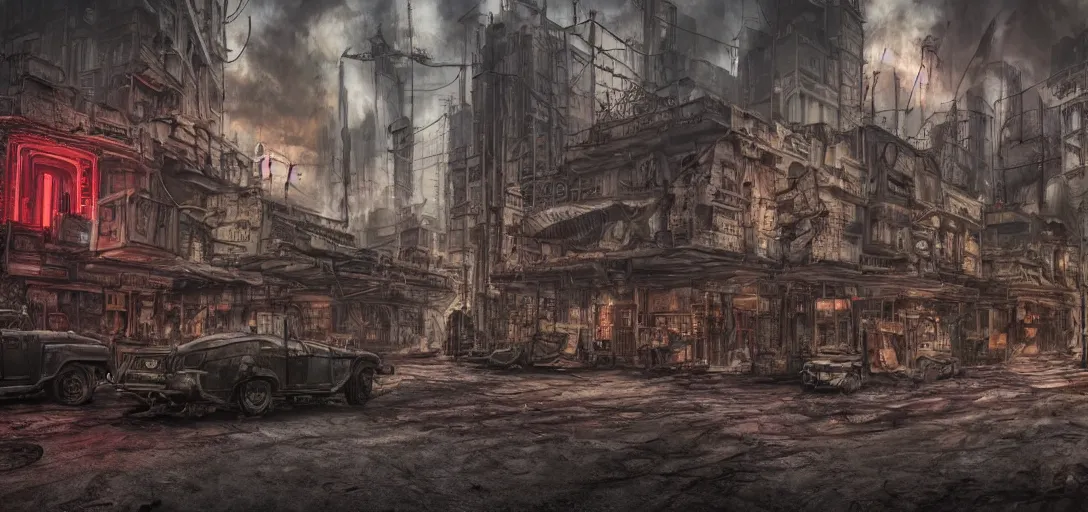 Image similar to post apocalyptic dieselpunk city , highly detailed, 4k, HDR, award-winning photo, glowave neon