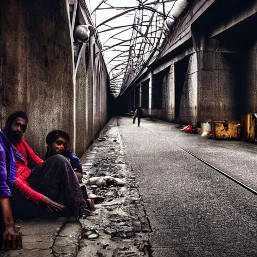 Image similar to poor people life under railway bridge, award winning, realistic, 4 k, hyper details, portrait by steve mccury and annie leibovitz and chindy sherman, best on adobe stock, cinematic, detailed place and people