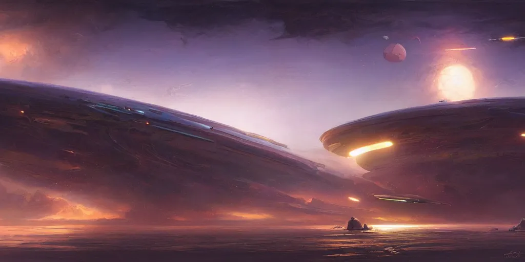 Image similar to a colorful spaceship emerges over the horizon of an alien planet, artwork by darek zabrocki, john howe, dramatic lighting, brushstrokes, paper texture.