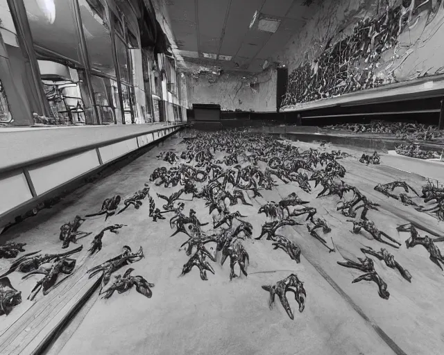 Prompt: camera footage of a Hundreds of Rabid Zerglings in an abandoned shopping mall, high exposure, dark, monochrome, camera, Unreal engine 5, grainy, CCTV, security camera footage, timestamp, zoomed in, fish-eye lens, Evil, Zerg, Brood, spider, horrifying, lunging at camera :4