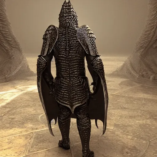 Prompt: detailed hypperrealistic artstation render of a scaly black cloaked man, wearing a metal knights helmet, carries a large knights greatsword in his hands, tentacles emerge from his back like wings