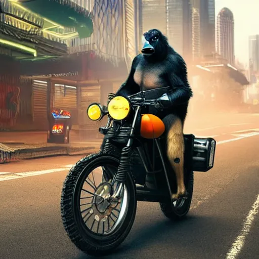 Image similar to a gorilla is riding a motor cycle in a cyberpunk city