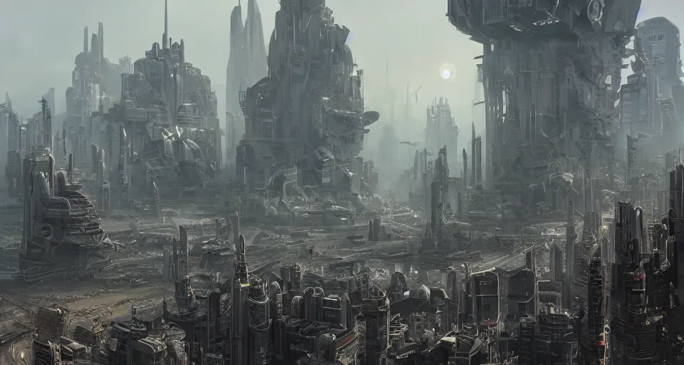 Prompt: view on futuristic city in the horizon, in style of dieselpunk, detailed, sharp, 8 k