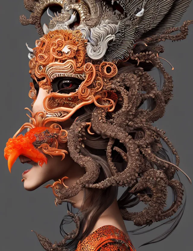 Image similar to 3 d goddess of hell close - up profile portrait with ram skull. beautiful intricately detailed japanese crow kitsune mask and clasical japanese kimono. betta fish, jellyfish phoenix, bio luminescent, plasma, ice, water, wind, creature, artwork by tooth wu and wlop and beeple and greg rutkowski