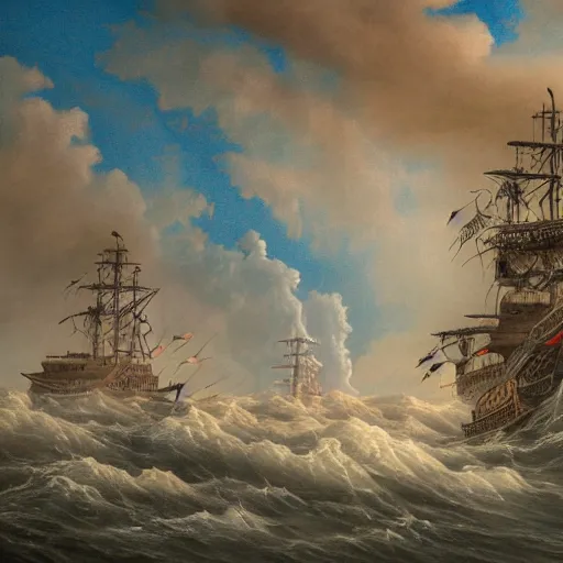 Prompt: a highly detailed hyperrealistic scene of a ship being attacked by giant squid tentacles, jellyfish, squid attack, dark, voluminous clouds, thunder, stormy seas, pirate ship, dark, high contrast, giant sea monster attacking from the clouds