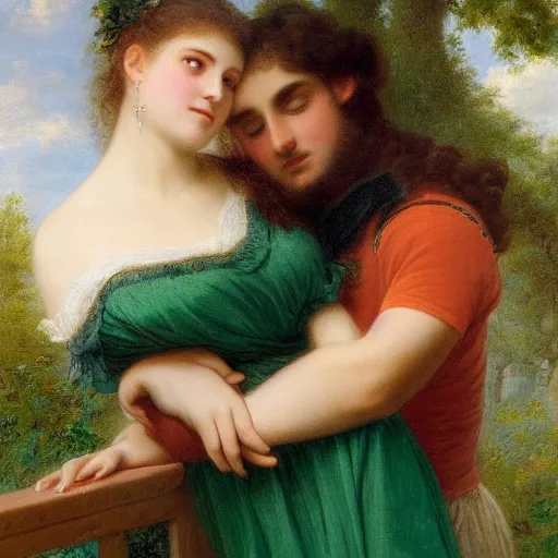 Image similar to young man in orange shirt and young woman in green dress with black hair hugging, by pierre - auguste cot